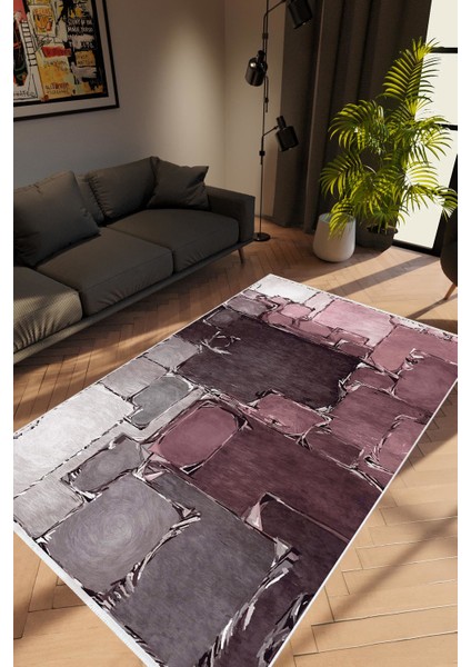 Pastel Modern Bordo Gri Gülkurusu Kaydırmaz Kesme Yıkanabilir Ince Halı