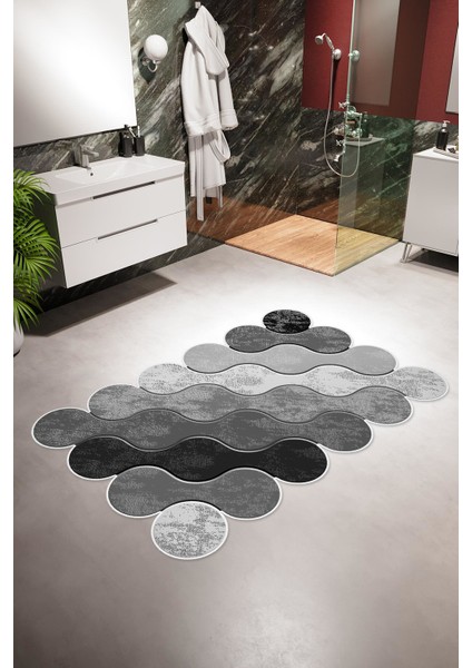 Banyo Paspası Eskitme Modern Gri Siyah Kaydırmaz Kesme Yıkanabilir Ince Halı
