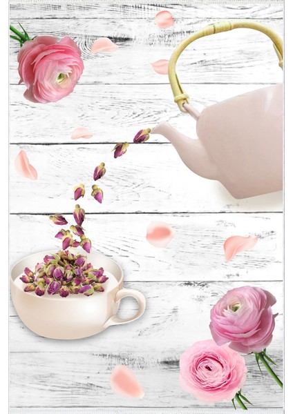 Mutfak Halısı Figürlü Çiçekli Çay Temalı Gri Beyaz Pembe Kaydırmaz Kesme Yıkanabilir Ince Halı fiyatları