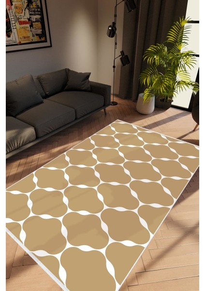 Modern Geometrik Kahverengi Krem Beyaz Kaydırmaz Kesme Yıkanabilir Ince Halı