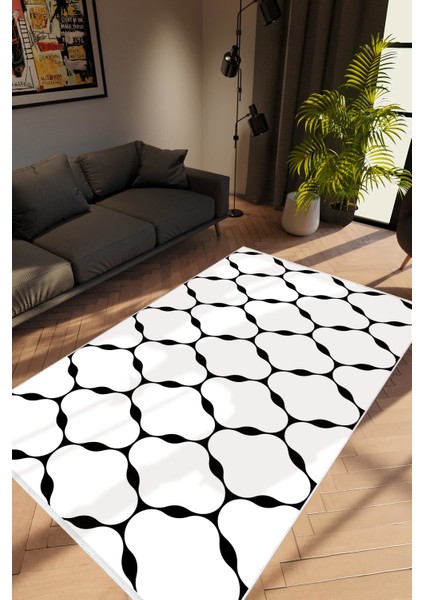 Modern Geometrik Beyaz Siyah Krem Kaydırmaz Kesme Yıkanabilir Ince Halı