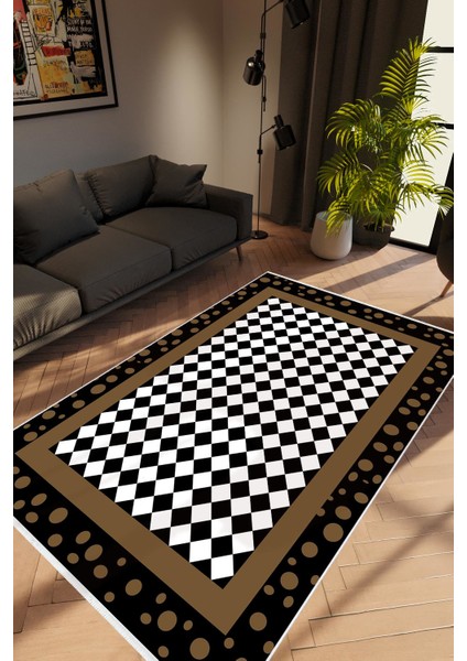 Modern Geometrik Kahverengi Siyah Beyaz Kaydırmaz Kesme Yıkanabilir Ince Halı