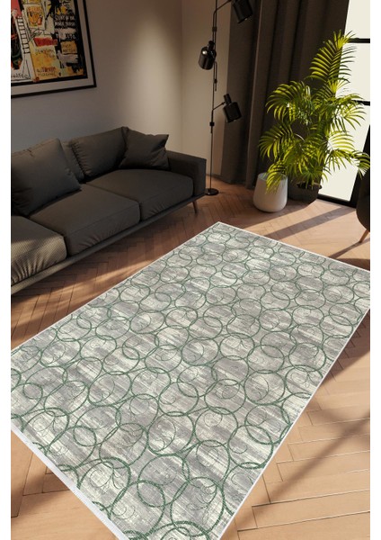 Modern Geometrik Yeşil Gri Kaydırmaz Kesme Yıkanabilir Ince Halı