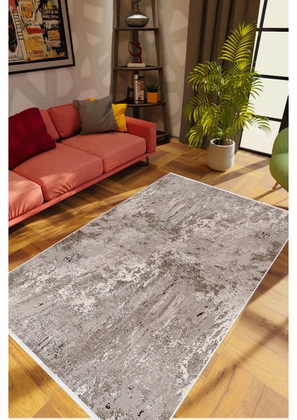 Modern Eskitme Metalik Gri Kaydırmaz Kesme Yıkanabilir Ince Halı