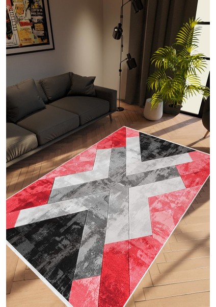 Modern Geometrik Gümüş Kırmızı Gri Siyah Kaydırmaz Kesme Yıkanabilir Ince Halı
