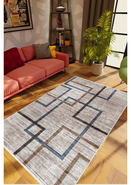 Modern Geometrik Kahverengi Kaydırmaz Kesme Yıkanabilir Ince Halı