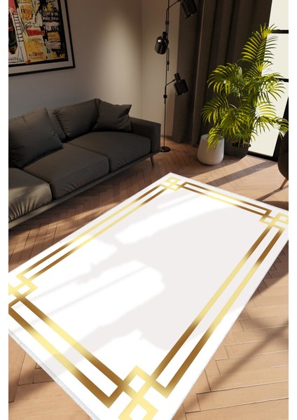 Modern Çizgili Altın Beyaz Gold Kaydırmaz Kesme Yıkanabilir Ince Halı