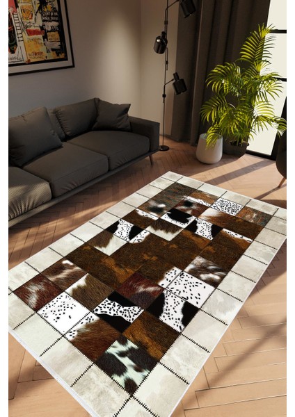 Modern Patchwork Gri Kahverengi Beyaz Kaydırmaz Kesme Yıkanabilir Ince Halı