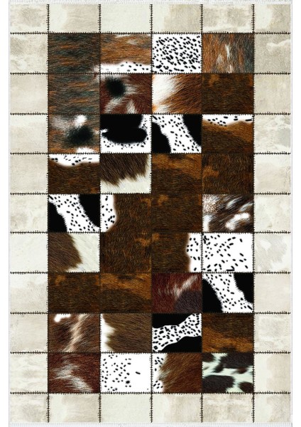 Modern Patchwork Gri Kahverengi Beyaz Kaydırmaz Kesme Yıkanabilir Ince Halı
