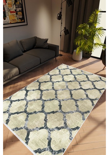 Modern Geometrik Ekru Bej Gri Kaydırmaz Kesme Yıkanabilir Ince Halı