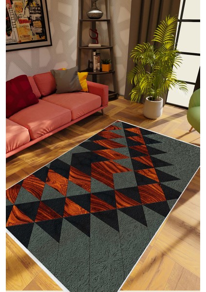 Modern Geometrik Metalik Gri Siyah Turuncu Kaydırmaz Kesme Yıkanabilir Ince Halı