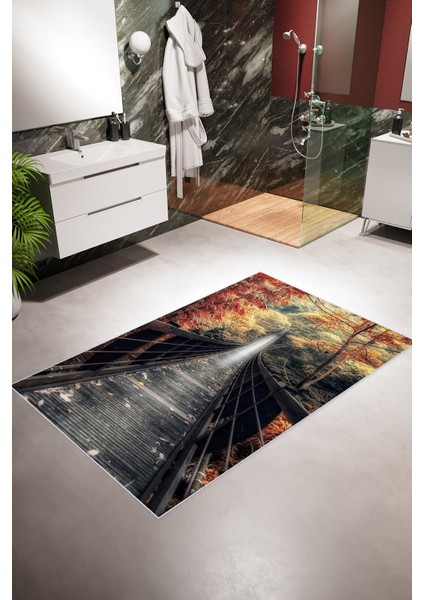 Banyo Paspası Figürlü Çiçekli Orman ve Köprü Temalı Kahverengi Kaydırmaz Kesme Yıkanabilir Ince Halı