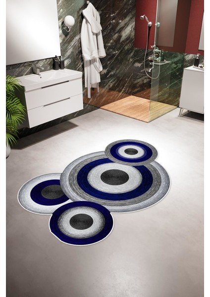 Banyo Paspası Klasik Modern Nazar Boncuğu Gri Mavi Kaydırmaz Kesme Yıkanabilir Ince Halı