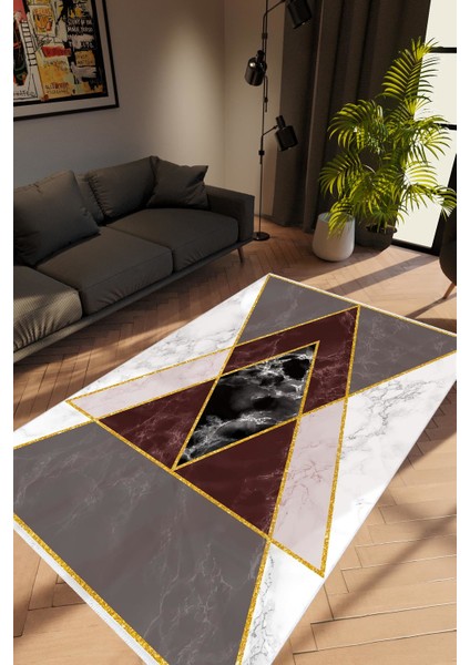 Modern Geometrik Altın Gold Gri Kaydırmaz Kesme Yıkanabilir Ince Halı
