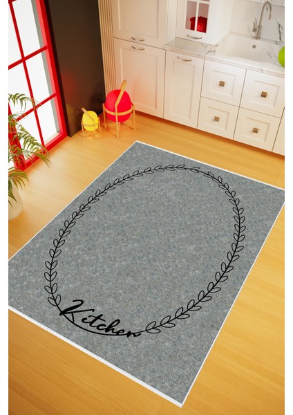 Mutfak Halısı Modern Kitchen Gri Siyah Kaydırmaz Kesme Yıkanabilir Ince Halı