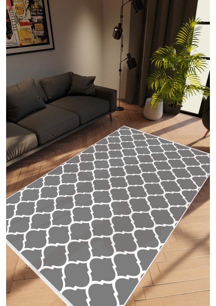 Modern Geometrik Gri Krem Kaydırmaz Kesme Yıkanabilir Ince Halı