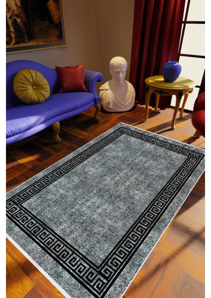 Klasik Eskitme Gri Siyah Kaydırmaz Kesme Yıkanabilir Ince Halı