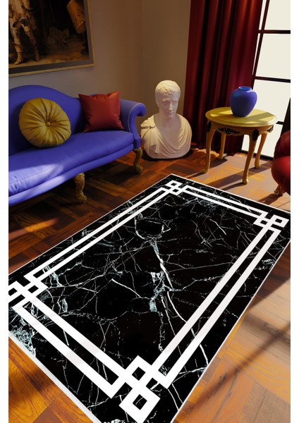 Eskitme Geometrik Çerçeve Desenli Siyah Kaydırmaz Kesme Yıkanabilir Ince Halı