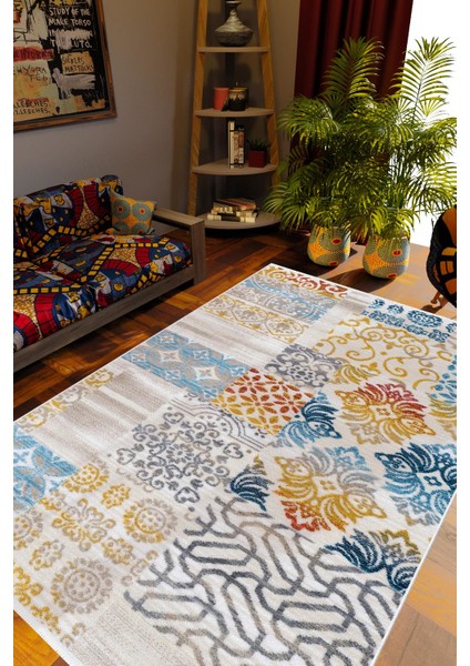 Otantik Eskitme Patchwork Turuncu Gri Kahverengi Mavi Kaydırmaz Kesme Yıkanabilir Ince Halı