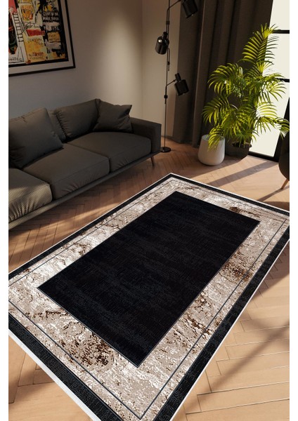 Modern Çizgili Siyah Kahverengi Kaydırmaz Kesme Yıkanabilir Ince Halı