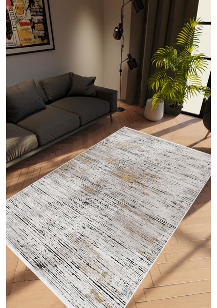Modern Eskitme Gri Kaydırmaz Kesme Yıkanabilir Ince Halı