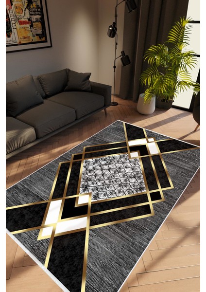 Modern Geometrik Altın Gold Gri Kaydırmaz Kesme Yıkanabilir Ince Halı