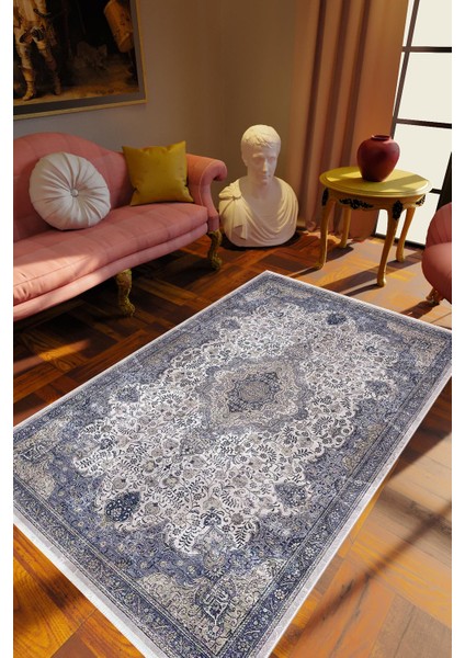 Klasik Eskitme Gri Indigo Kaydırmaz Kesme Yıkanabilir Ince Halı