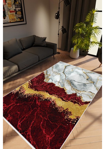 Taş Mermer Modern Altın Bordo Gold Gri Kaydırmaz Kesme Yıkanabilir Ince Halı