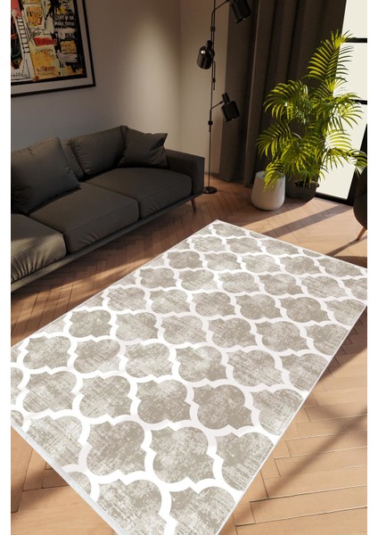 Modern Geometrik Gri Krem Beyaz Kaydırmaz Kesme Yıkanabilir Ince Halı