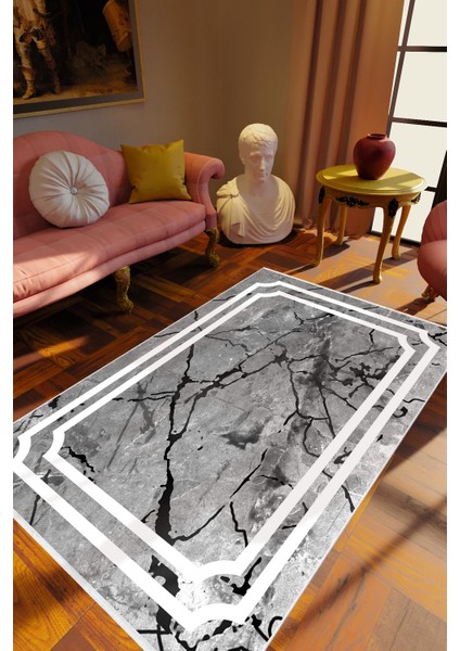 Eskitme Modern Çerçeve Desenli Mermer Gümüş Gri Siyah Beyaz Kaydırmaz Kesme Yıkanabilir Ince Halı