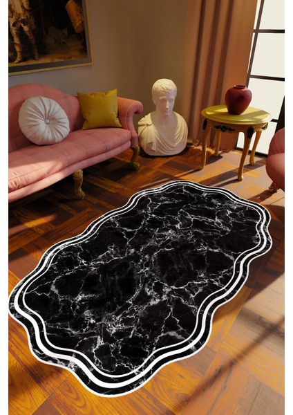 Klasik Modern Lazer Kesim Siyah Kaydırmaz Kesme Yıkanabilir Ince Halı