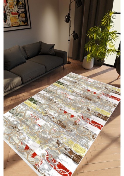 Modern Geometrik Gri Yeşil Kırmızı Sarı Kaydırmaz Kesme Yıkanabilir Ince Halı