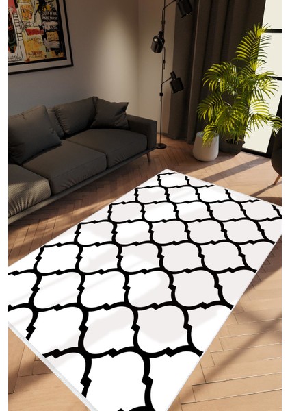Modern Geometrik Beyaz Siyah Kaydırmaz Kesme Yıkanabilir Ince Halı