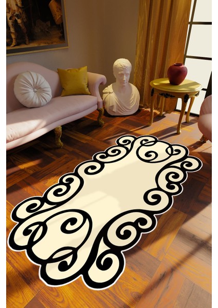 Klasik Modern Bej Beyaz Siyah Kaydırmaz Kesme Yıkanabilir Ince Halı