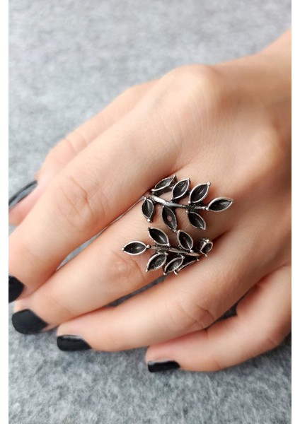 Antik Gümüş Kaplama Yapraklar Şekilli El Yapımı Ayarlanabilir Yüzük
