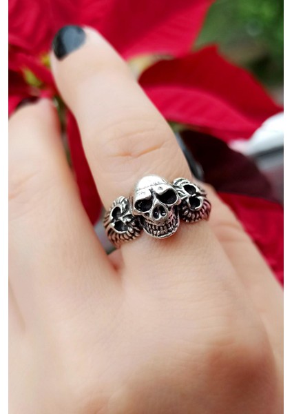 Antik Gümüş Kaplama Kuru Kafa Şekilli El Yapımı Ayarlanabilir Yüzük