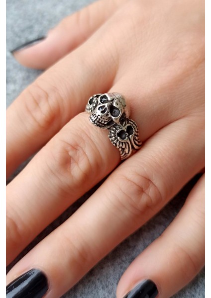 Antik Gümüş Kaplama Kuru Kafa Şekilli El Yapımı Ayarlanabilir Yüzük fiyatları