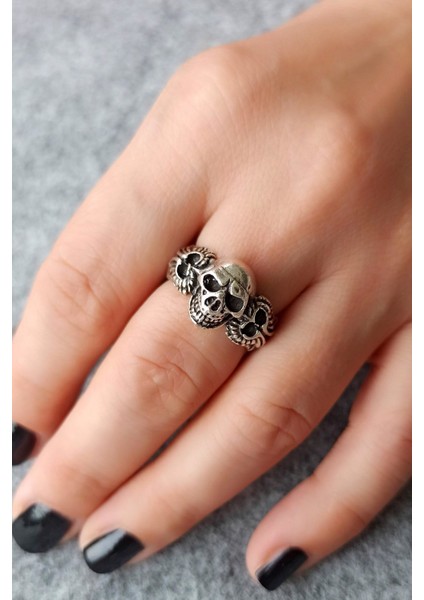 Antik Gümüş Kaplama Kuru Kafa Şekilli El Yapımı Ayarlanabilir Yüzük modelleri