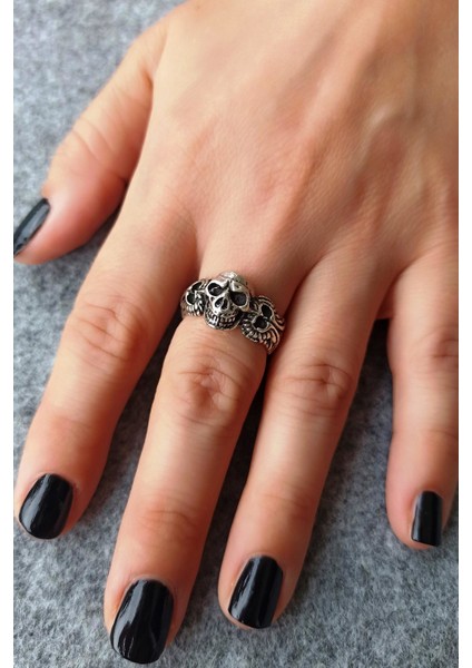 Antik Gümüş Kaplama Kuru Kafa Şekilli El Yapımı Ayarlanabilir Yüzük fırsatları