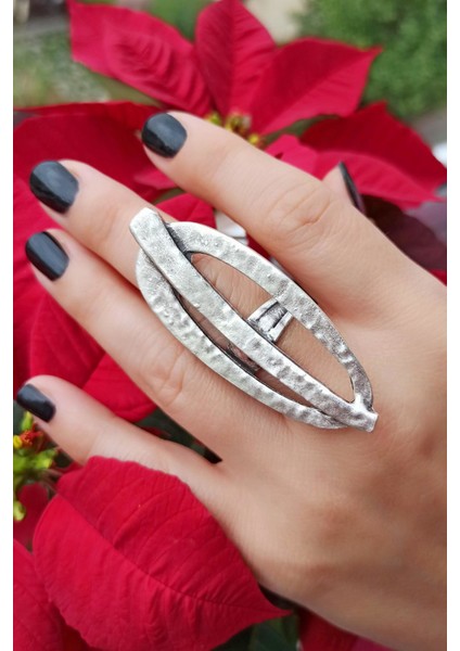 Antik Gümüş Kaplama Geometrik Şekilli El Yapımı Ayarlanabilir Yüzük