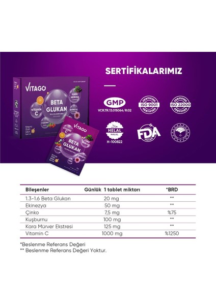 Beta Glukan, Vitamin C, Karamürver İçeren Effervesan Toz Takviye Edici Gıda