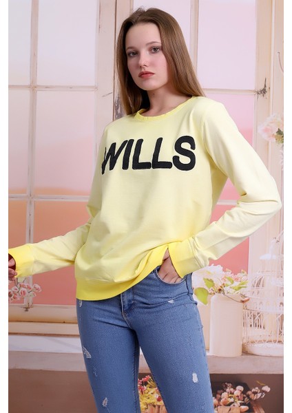 Unisex Sarı Bisiklet Yaka Yıkamalı Nakışlı Sweatshirt SLF1360