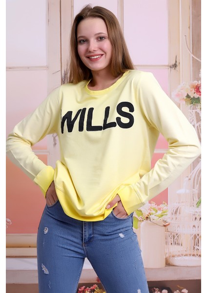 Unisex Sarı Bisiklet Yaka Yıkamalı Nakışlı Sweatshirt SLF1360