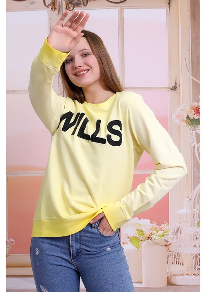 Unisex Sarı Bisiklet Yaka Yıkamalı Nakışlı Sweatshirt SLF1360