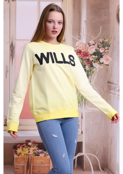 Unisex Sarı Bisiklet Yaka Yıkamalı Nakışlı Sweatshirt SLF1360