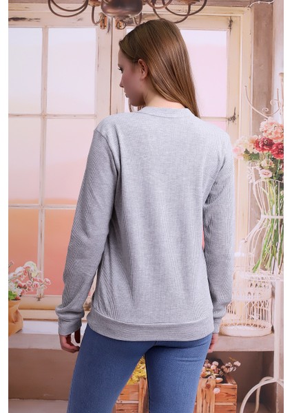 Kadın Gri Bisiklet Yaka Petek Kumaş Sweatshirt SLF1365