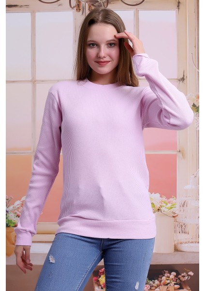 Kadın Pembe Bisiklet Yaka Petek Kumaş Sweatshirt SLF1365