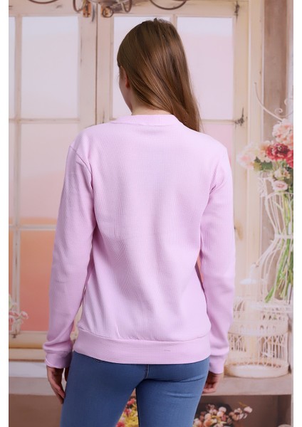 Kadın Pembe Bisiklet Yaka Petek Kumaş Sweatshirt SLF1365