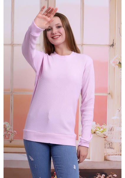 Kadın Pembe Bisiklet Yaka Petek Kumaş Sweatshirt SLF1365