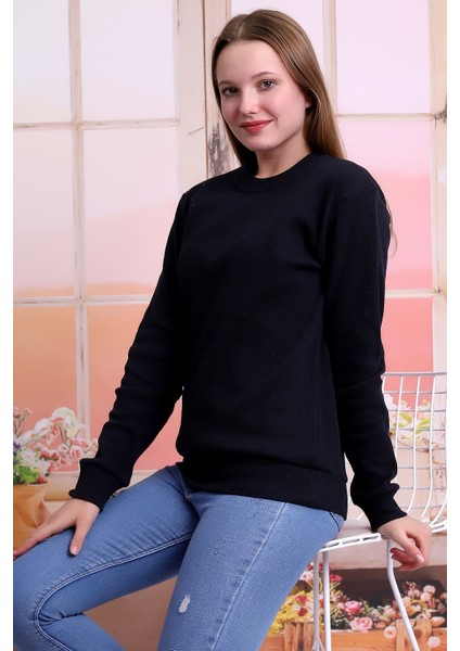 Kadın Siyah Bisiklet Yaka Petek Kumaş Sweatshirt SLF1365